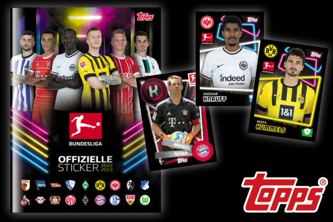 Die offiziellen Bundesliga Sticker 2022/23 von Topps sind ab sofort erhältlich! Passend zur Vorstellung verlosen wir 5 Pakete mit jeweils einem Album und 10 Promo-Stickerpäckchen zum Start der Sammlung.