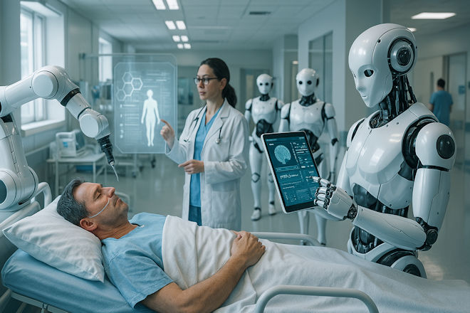 Das Krankenhaus der Zukunft: Wo Roboter präzise heilen und Künstliche Intelligenz lebensrettende Entscheidungen trifft.