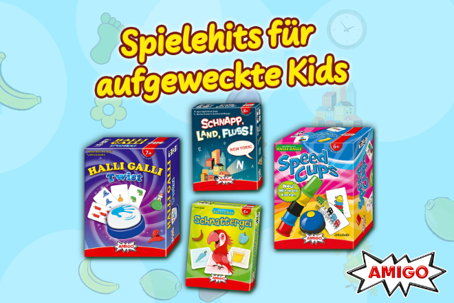 Passend zur Vorstellung verlosen wir ein Spielebundle von AMIGO mit den Spielen "Halli Galli Twist", "Speed Cups", "Schnattergei" und "Schnapp, Land, Fluss!". 