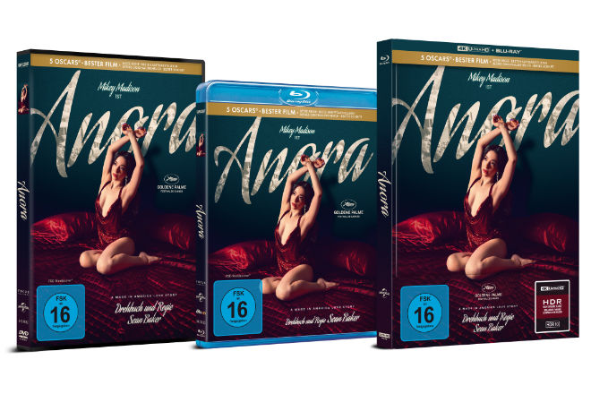 Das Bild zeigt einen Packshot der DVD, Blu-ray und des Mediabooks zum Film "Anora"