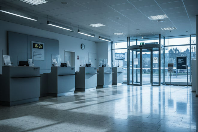 Bank&uuml;berfall in 90 Sekunden: Ein Unbekannter betritt eine Bankfiliale kurz vor Feierabend. Es sind viele Angestellte anwesend &ndash; doch das schreckt den T&auml;ter nicht ab. Er zieht ein Messer und fordert Geld. (Symbolfoto)