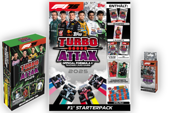 Wer jetzt seine Sammlung der neuen Topps Formula 1® Turbo Attax 2025 starten möchte, hat bei unserem kostenlosen Gewinnspiel die Chance, ein Starter-Set der neuen Topps Formula 1® Turbo Attax 2025 mit Starterpack, Ecopack und Sammlerdose zu gewinnen!