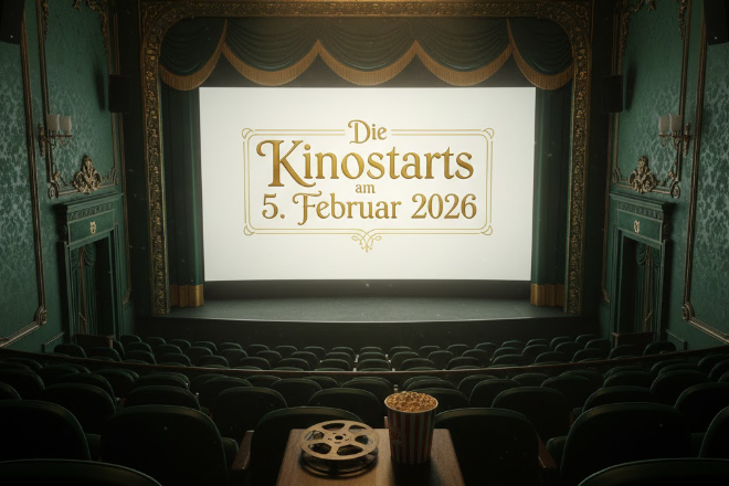 Das Bild zeigt eine Kinoleinwand auf der "Die Kinostarts am 05.02.2026" steht