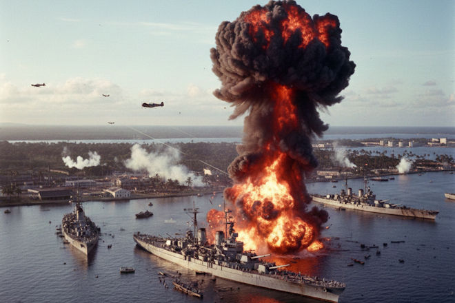 Drama im Pazifik: Eine gewaltige Explosion ersch&uuml;ttert den Hafen von Pearl Harbor, w&auml;hrend japanische Kampfflugzeuge am Himmel &uuml;ber den brennenden Schlachtschiffen kreisen. (Symbolfoto)
