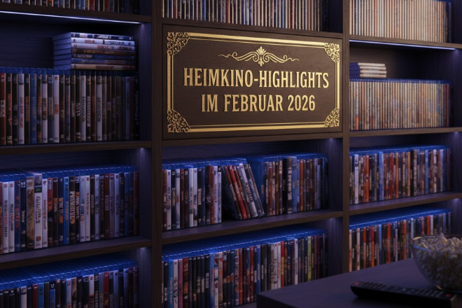 Das Bild zeigt ein Regal mit vielen DVDs und Medien und einer Aufschrift "Heimkino-Highlights im Februar 2026"