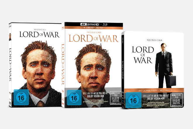 Das Drama "Lord of War Händler des Todes" ist ab 20.08.2021 als DVD, 2-Disc SteelBook und 2-Disc Limited Collector´s Edition im UHD-Mediabook erhältlich.