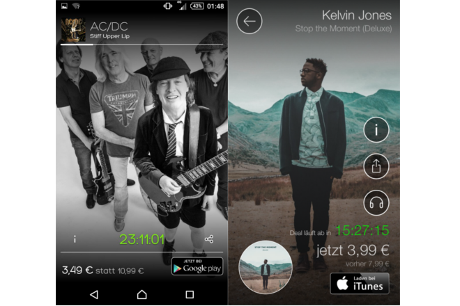 Screenshots "Album des Tages": Nachdem bereits die Alben von AC/DC und Kelvin James zum Sparpreis angeboten wurden, gibt es täglich neue Sonderangebote für die App Nutzer
