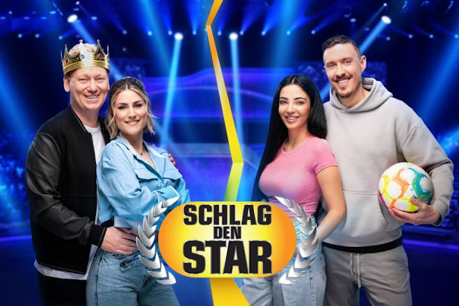 Das ultimative Pärchen-Duell bei "Schlag den Star": Der König des Internets "Knossi" mit Verlobter Lia Mitrou gegen den Fußball-König Max Kruse mit Ehefrau Dilara.