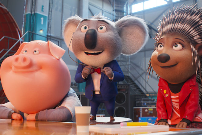 Haben große Pläne in "Sing - Die Show Deines Lebens": Schwein Gunter (l.), Koala Buster Moon (M.) und Stachelschwein Ash.