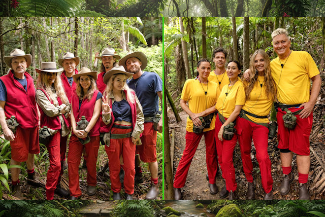 Zwei Camps im Dschungel: "Hauptcamp" (l.) und "Snake Rock" (v.l.: Hardy Kr&uuml;ger, Mirja du Mont, Patrick Romer, Eva Benetatou, Gil Ofarim, Ariel, Umut Tekin, Simone Ballack, Stephen D&uuml;rr, Samira Yavuz, Nicole Belstler-Boettcher, Hubert Fella).