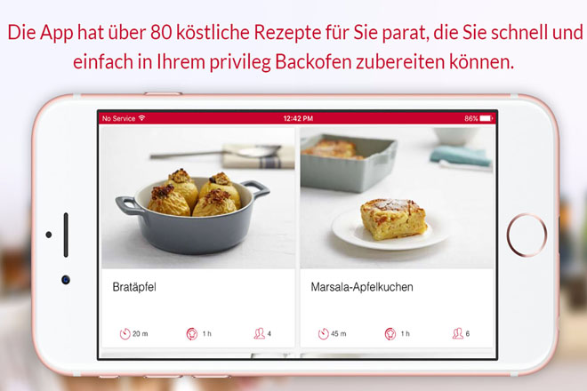 Die App bietet über 80 leckere Rezepte, die schnell und einfach im Backofen zubereitet werden können.