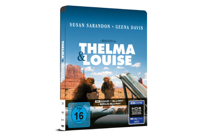 Das Bild zeigt einen 3D-Packshot des Covers vom limitierten Steelbook des Films "Thelma & Louise"