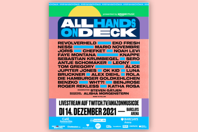 Die zweite Ausgabe des Live-Spenden-Stream-Events "All Hands On Deck" zugunsten der Veranstaltungsbranche läuft am 14.12.2021 und wird aus der Barclays Arena Hamburg auf Amazon Music und Twitch übertragen.