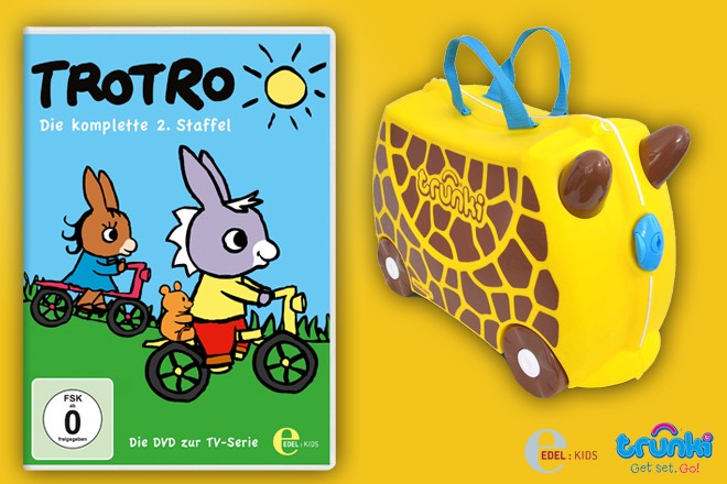 Die Veröffentlichung der DVD "Trotro - Die komplette 2. Staffel" bietet Anlass für dieses Gewinnspiel im Rahmen des großen Osterkalenders von Oster-Gewinnspiele.de. Verlost werden ein Trunki-Kinderkoffer sowie 4 Original-Hörspiele zur TV-Serie "Trotro".